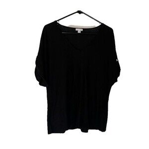 J.Jill Minimalist Normcore Black Round V-Neck Short Buttoned Sleeves TShirt SZ M